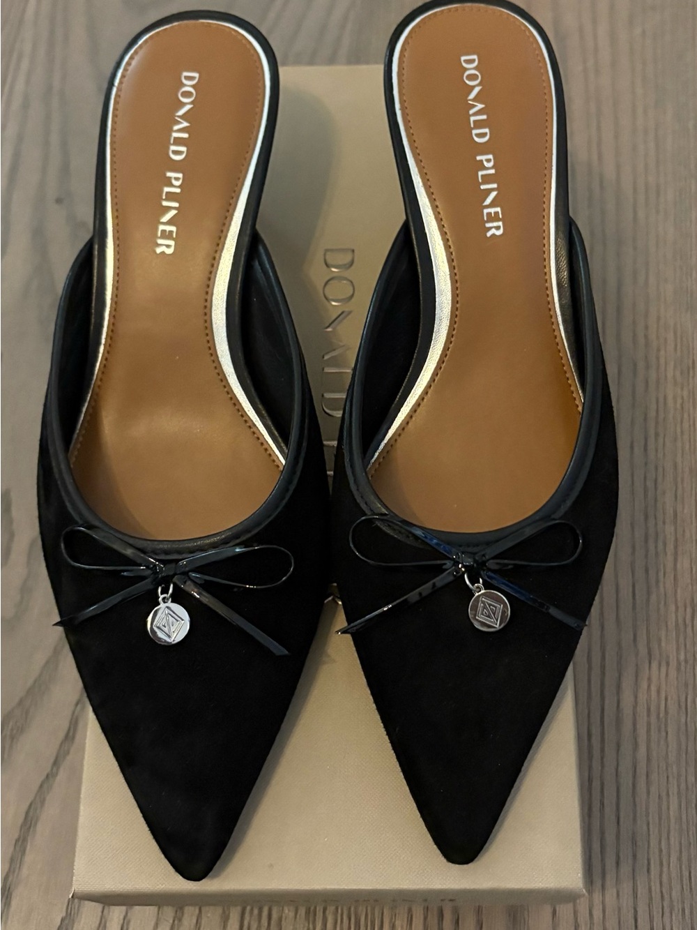 Donald J. Pliner Black Pointed-Toe Mule with Bow Charm